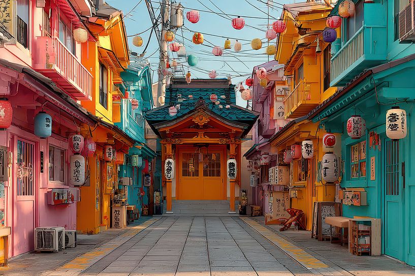 picturesque Japan street with lanterns by Egon Zitter