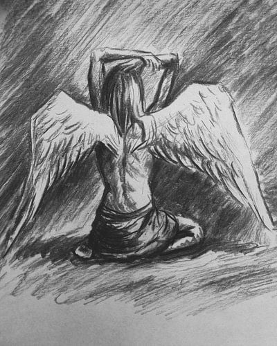 Houtskool tekening engel van Emiel de Lange