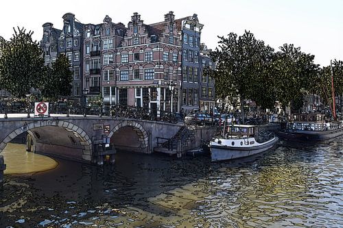 Pentekening Brouwersgracht Prinsengracht Jordaan Amsterdam Nederland Goud Tekening Lijntekening