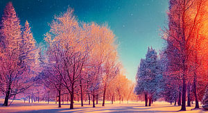 Magische Winterlandschaft mit Bäumen und Schnee Illustration