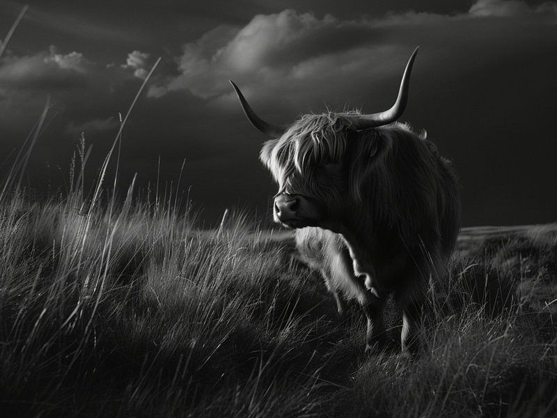 Hochland Rind Georg - Photographie majestueuse en noir et blanc pour ta maison par Shadow Wood Art