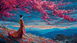 picturesque Japanese landscape art featuring a geisha