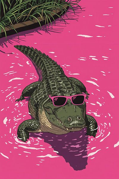 Alligator in rosa Wasser mit Sonnenbrille von Dante S