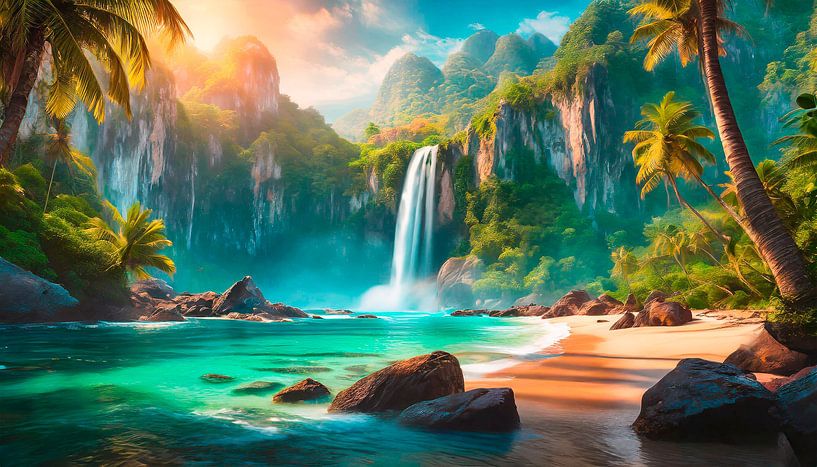 Island with waterfall and sea by Mustafa Kurnaz