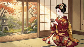 Eine elegante Geisha genießt ihren Tee inmitten eines friedlichen japanischen Herbstgartens von my pixel art