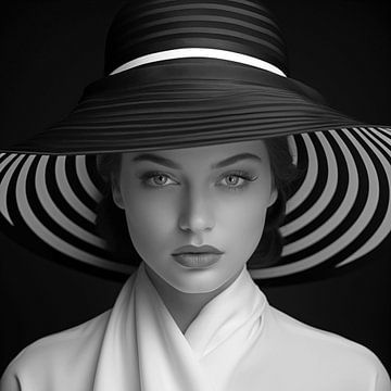 Portret van een dame met hoed in zwart wit van Koffie Zwart