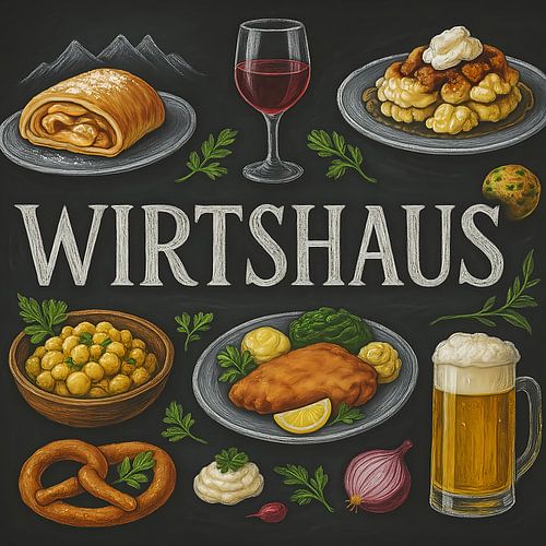 Wirtshaus schoolbordillustratie – Oostenrijkse klassiekers in krijtstijl