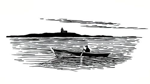 Vissers in de boot naar de vuurtoren