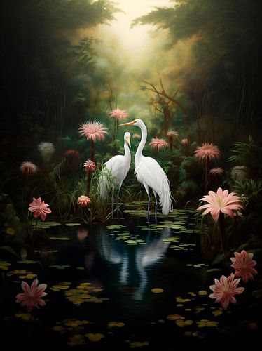 deux grues dans l'eau