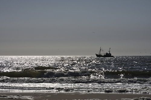 Noordzee strand met vissersboot.