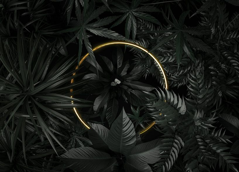 forme de cercle doré entouré de plantes tropicales par Besa Art