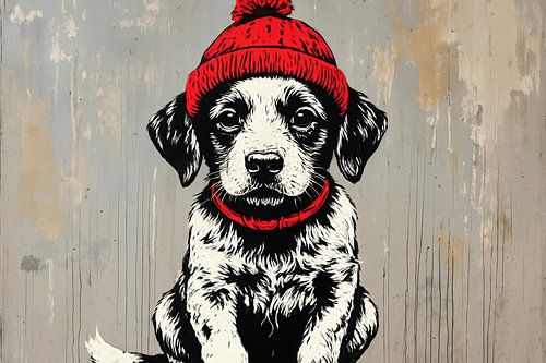 Chien avec un bonnet rouge chaud