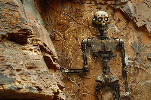 Roestige Robot Bestudeert Antieke Tekeningen