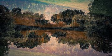 Bomen langs de rand van een plas in de herfst. van Idema Media