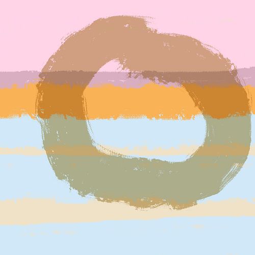 Modern abstract kleurrijk landschap in lichtblauw, roze, oranje.