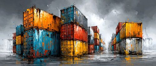Kleurrijke containers in de havenregen