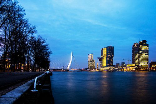 De Erasmusbrug in Rotterdam bij het vallen van de avond