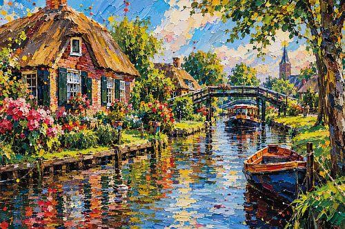 Peinture impressionniste de Giethoorn – Paysage hollandais haut en couleur