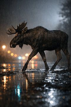 Eenzame eland in de regenachtige nachtstad – een krachtig wildmoment vol reflecties, mysterie en contrast tussen natuur en urban leven
