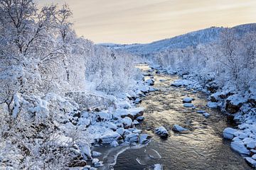 Rivier tussen besneeuwde berghellingen in Noorwegen