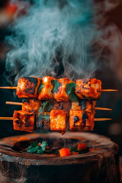 Räuchernde Spieße auf einem Holzbrett von Poster Art Shop