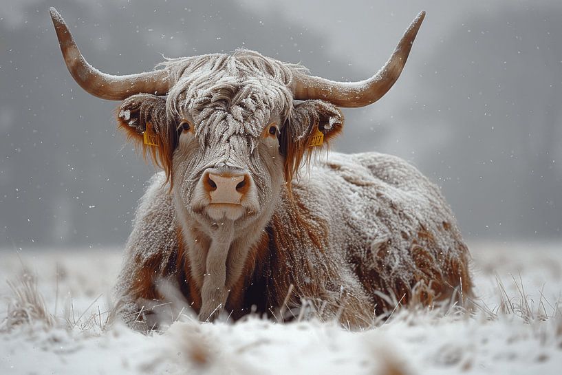 Snowy wonder: Highland cattle in winter splendour - a captivating photograph for lovers of rustic charm by Poster Art Shop
