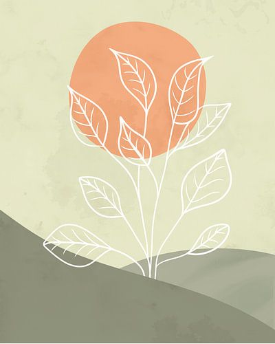 Paysage minimaliste en vert-gris avec un soleil orange
