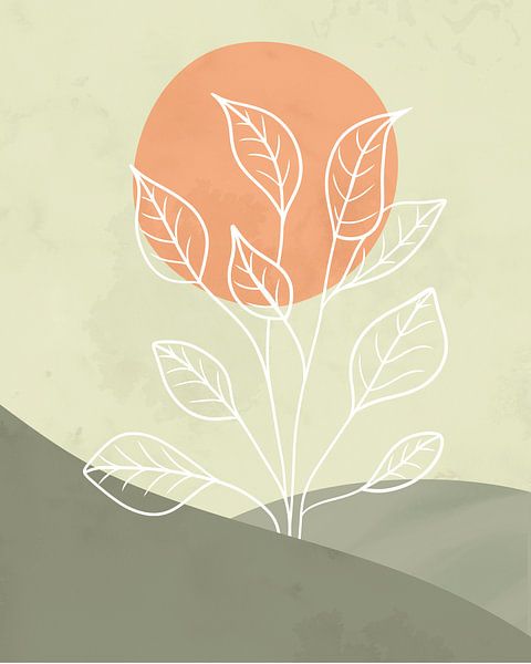 Paysage minimaliste en vert-gris avec un soleil orange par Tanja Udelhofen