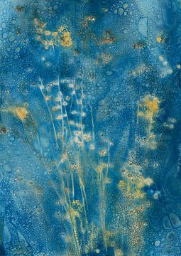 Natte abstracte cyanotypie van gedroogd vlas van Retrotimes