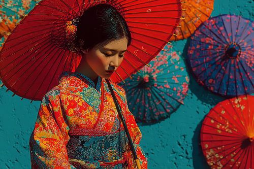 schilderachtig Japan vrouw met parasols