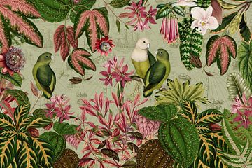 Perroquet vert exotique dans la jungle fleurie vintage sur Floral Abstractions