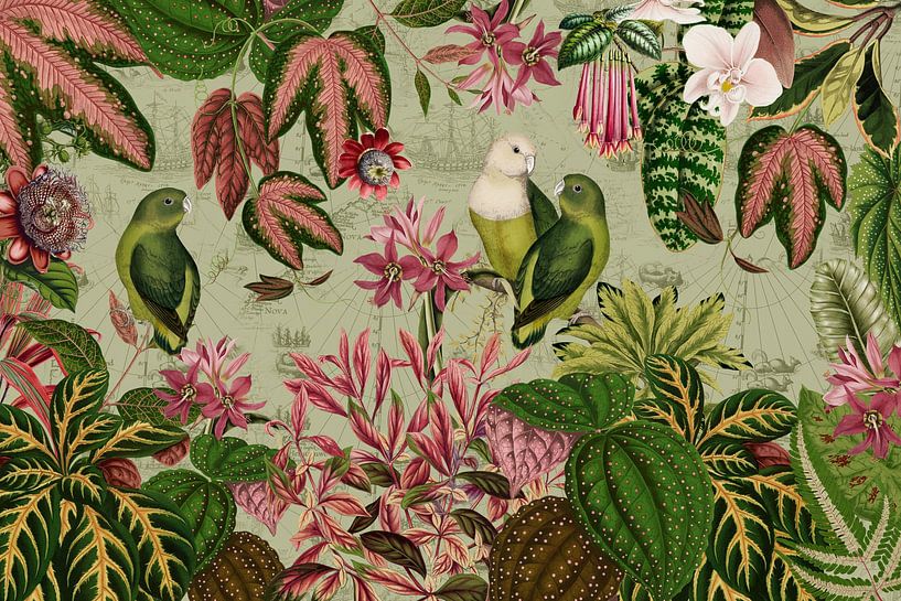 Perroquet vert exotique dans la jungle fleurie vintage par Floral Abstractions