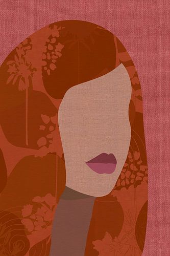 Retro portret in terracotta en roze op linnen