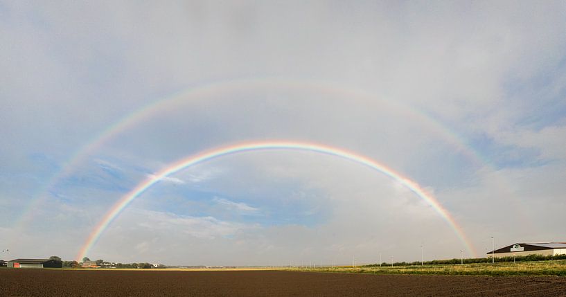 Doppelter Regenbogen über Glühbirnenfelder. von ProPhoto Pictures