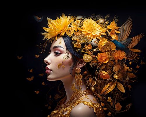 Woman with gold flowers