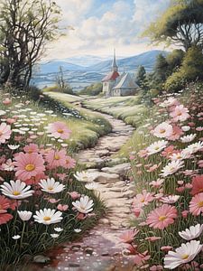 Landschaft Pfad Kirche Blumenwiese Bäume Berge Himmel