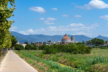 Blick auf den Turm von Pisa mit Bergen im Hintergrund van Animaflora PicsStock