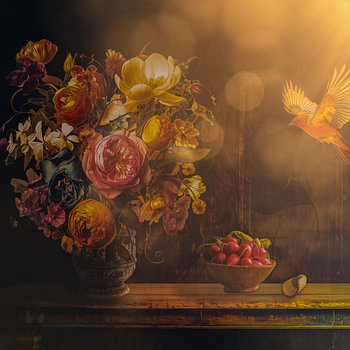 Antieke vaas met bloemen en vogel