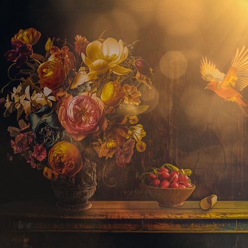 Antieke vaas met bloemen en vogel