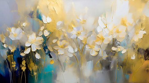Modern Abstract: Bloemenschilderij  met goud