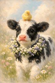 Peinture représentant un veau avec un poussin et une couronne de fleurs sur Faheem Beigh