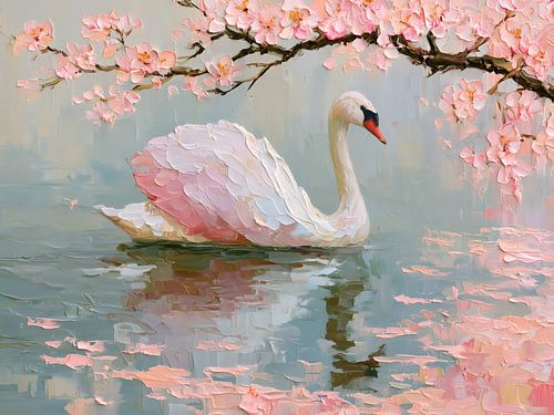 Schwimmender Schwan unter Kirschblüten