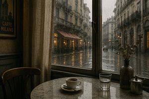Rainy Window Café Still Life – Cozy European Coffee Wall Art