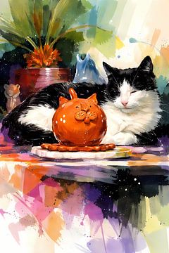 Schwarz-weiße Katze mit Figur