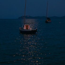 Zeilboten voor anker aan het strand bij maanlicht van Max van der Weide