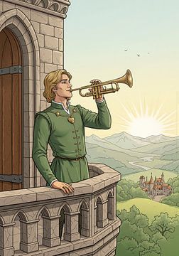 Herald trumpeter playing fanfare announcing sunrise by Markus Gann