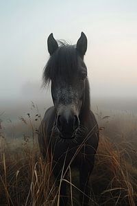 Zwart paard in het mistige veld bij zonsopgang van Felix Brönnimann