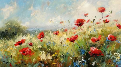 Gemälde von roten Blumen auf einem Feld