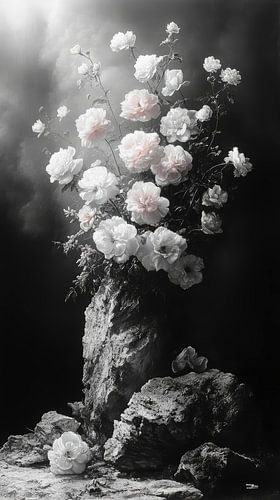 Black and white still life of flowers and fruit in extremely dramatic light