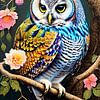 Hibou aux fleurs colorées sur une branche sur Maud De Vries